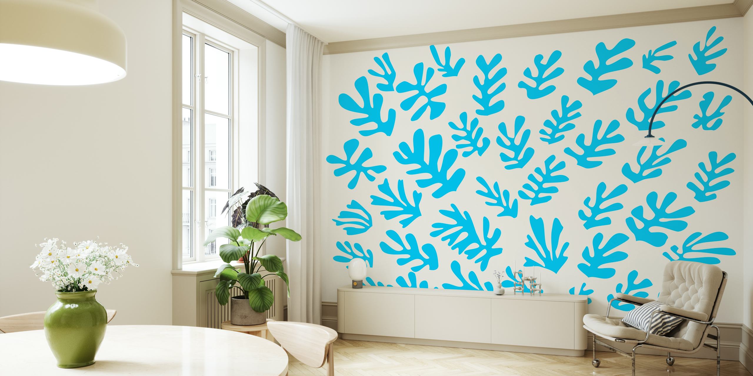 Matisse Style Aqua Leaves wallpaper displayed in a room